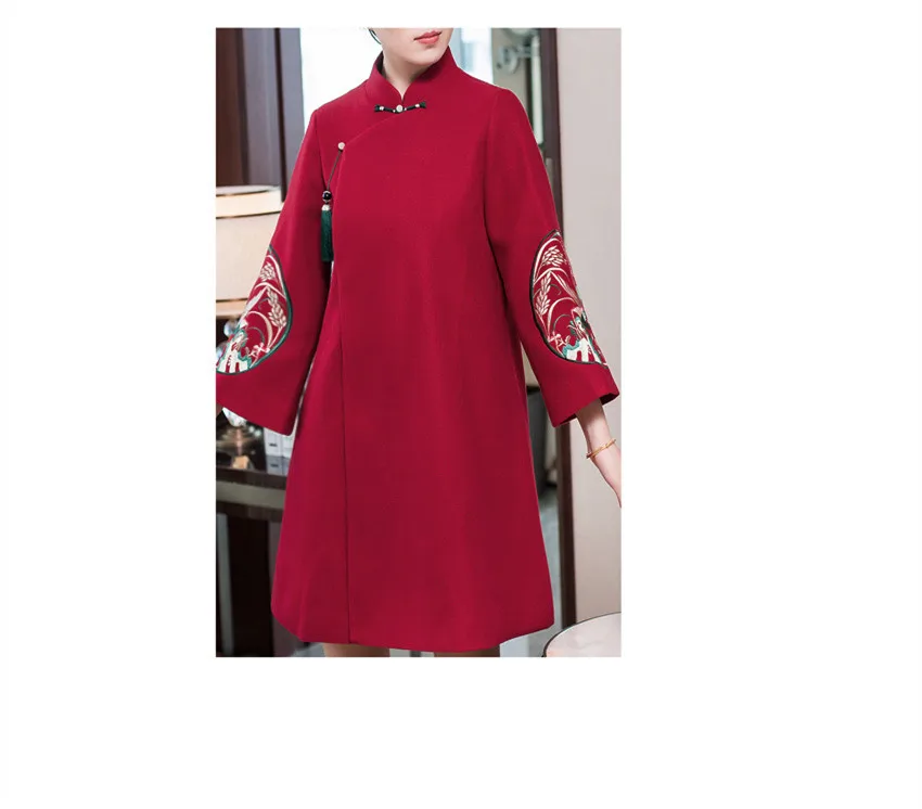 

Autumn winter original design Chinese style pattern Embroidered long-section woolen jacket outerwear with cotton liningfor women