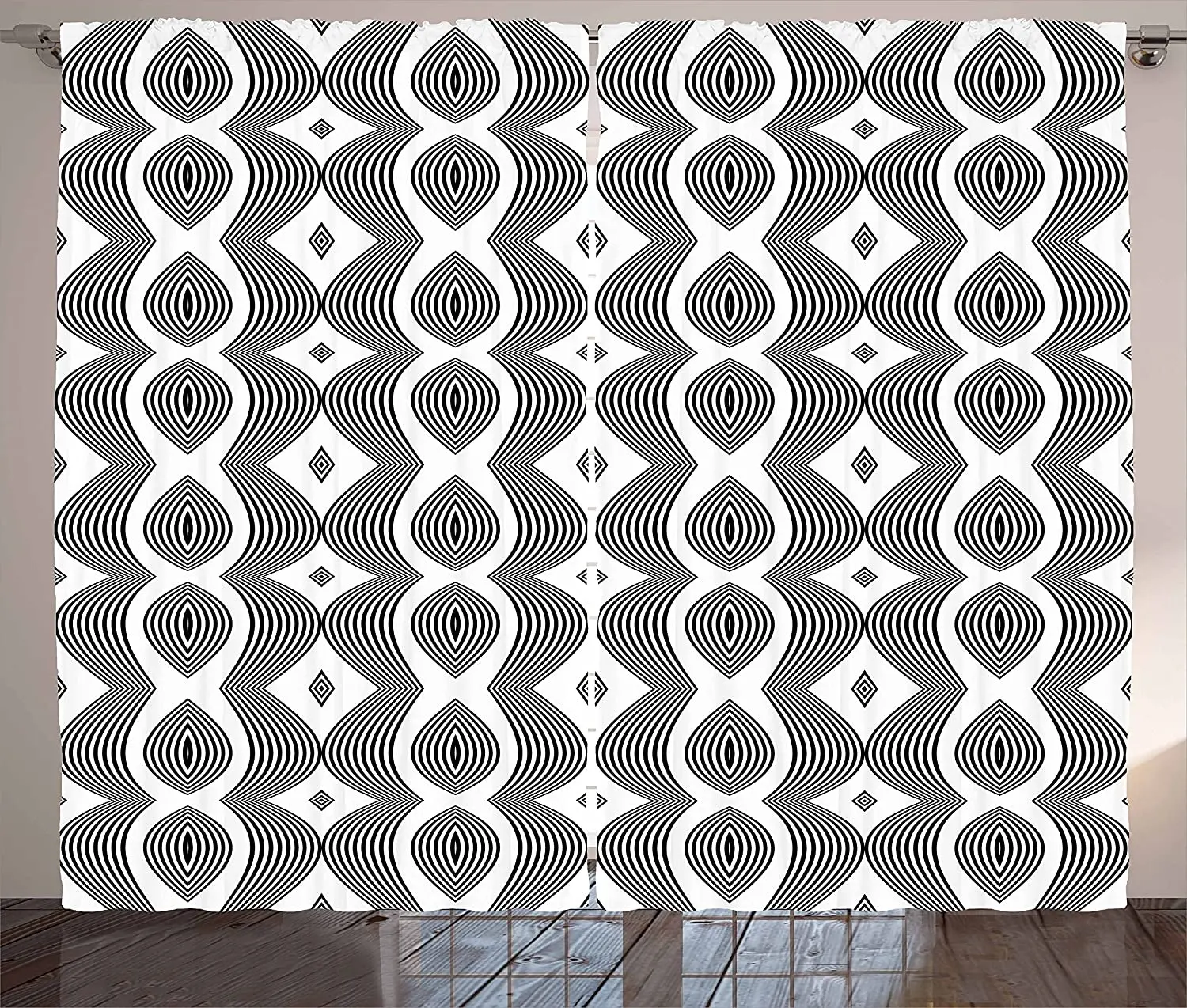 Contemporary Blackout Curtains Monochrome Waving Pattern with Curves and Diamond Shapes Op Art Design Window Curtain | Дом и сад
