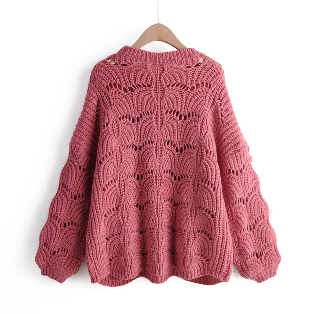 LTD1199210 круглый вырез выдалбливают блестящий длинный рукав свободный пуловер женский свитер