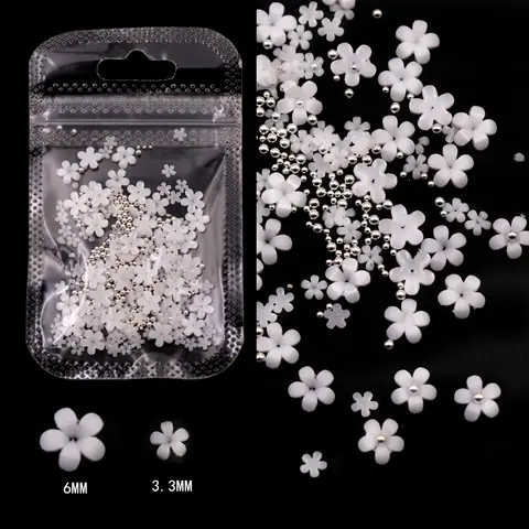 Pack  Nail Art Decorations  3D Flower Acrylic Mixed Size White Pink Jewelry Gold Silver Nail Beads Manicure Tools Accessories