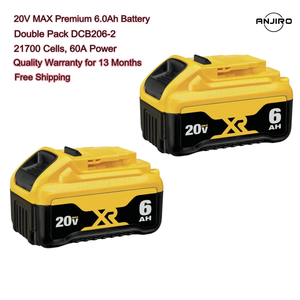 2 Packs 20V Max 6Ah Actual Lithium-Ion Battery Pack DCB206 for Dewalt 20 Volt MAX Cordless Power Tool Drills |