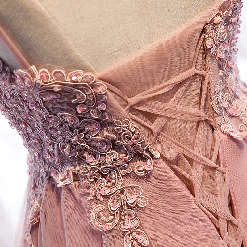 Robe De Soiree вечернее платье с v-образным вырезом из розовой органзы с аппликацией из бисера, высокие и низкие вечерние платья, длинное платье, vestido de festa