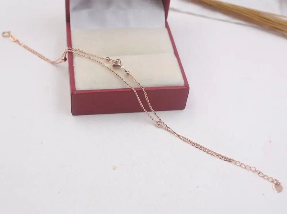 

Real 18K Rose Gold Bracelet Woman's Loving Heart Double Small Beads O link 7.5''L Gift
