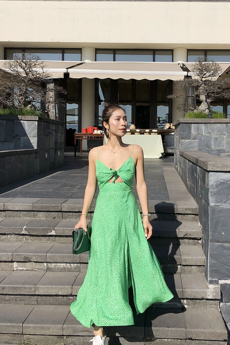 

Silk Green Dot Sleeveless Dress Women Summer Sexy Long Dress Special Made Textures Female Clothing