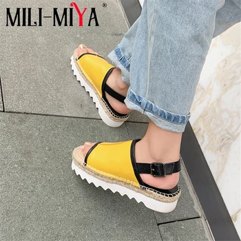 

MILI-MIYA New Women Cow Leather Sandals Buckle Strap Platform Flat Mixed Color Casual Summer Dress Shoes High Quality
