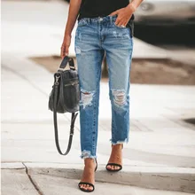 

2021 Women Pierced Jeans Washed Old Jeans Cute Distressed Straight Denim Pants Long Pant with Hole Spring Autumn Casual Trousers
