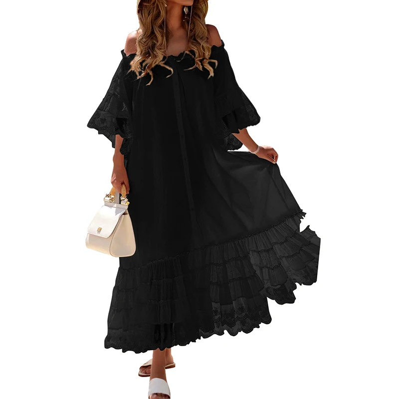 Летнее платье женское винтажное платье с открытыми плечами кружевное черное длинное платье макси VONDA 3/4 вечерние платья с расклешенными рукавами Vestido пляжный сарафан S-5X
