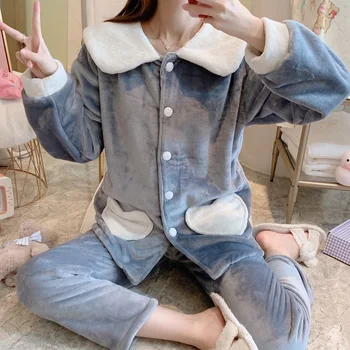 

Flannel Women Pajama Sets Autumn Winter Warm Pajamas Set for Women Thicken Long Pant Set Ladies Sleepwear cute Christmas Pajamas