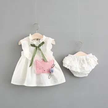 

HUANGTAIZI Baby Clothing Sets 2020 Summer Sleeveless Dress Girls Three Piece Sets Short Pants+Dress Set Pink White Yellow 6M-3T