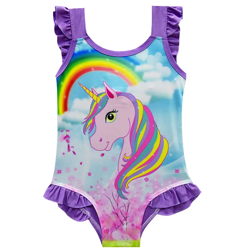 Rainbow Unicorn Kids Swimsuits Baby Girl One-piece Swimsuit Cartoon Bathing Suit Beach Tunic Children Swimwear Pink Lovely 3-10Y
