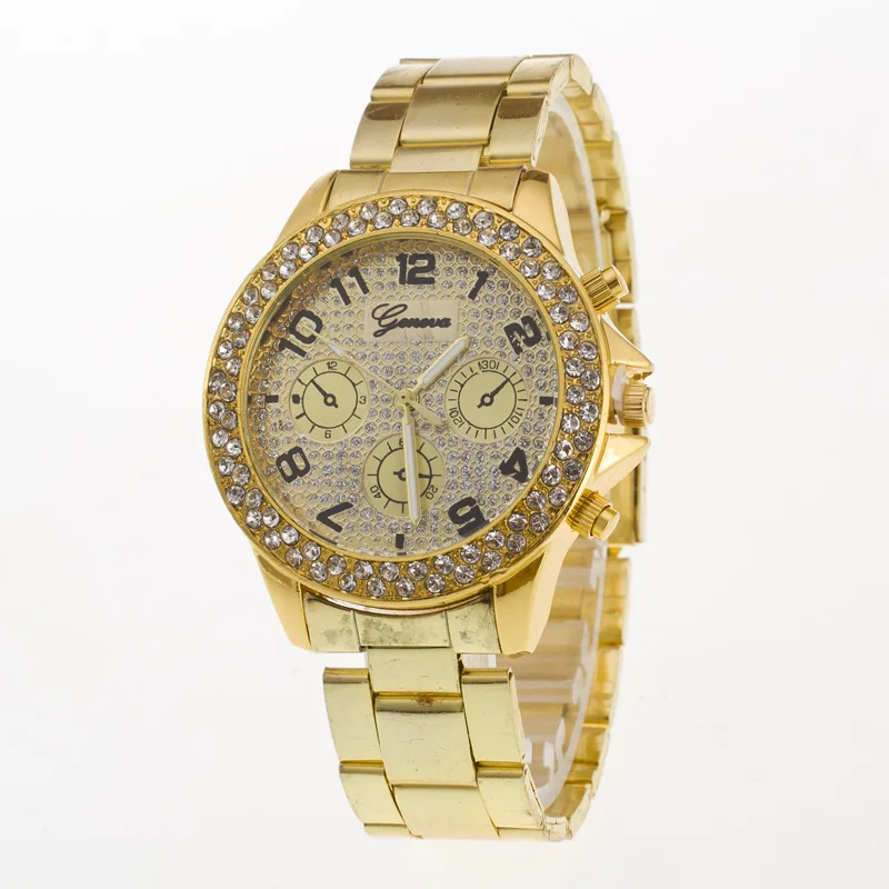 

0028 Wechat Business Hot Selling Business Watch Geneva Fake Diamond Set Three-Eyed Casual Steel Belt Quartz Watch Men's Women's