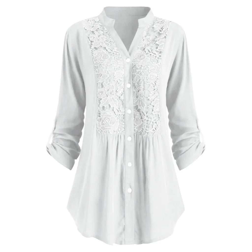 Женская белая блузка, Дамская, большой размер, на пуговицах, кружевная, v-образный вырез, длинный рукав, рубашка, блузки, повседневные, Blusas Chemisier Camisa Roupa Feminina