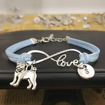 

Pug Dog Animal Customize Love Initial Bracelet Charms Infinity Leather Bracelet for Women Gift Accessories Jewelry