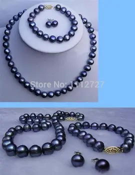 

Jewelry set pretty New charming 8-9mm black pearl necklace&bracelet&earring beads natural stone BV466 Wholesale Price