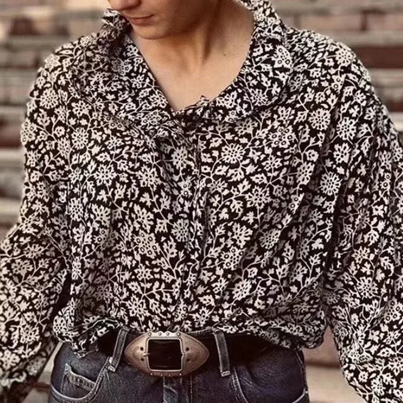Women Floral Printed Blouse Ruffles Trim Early