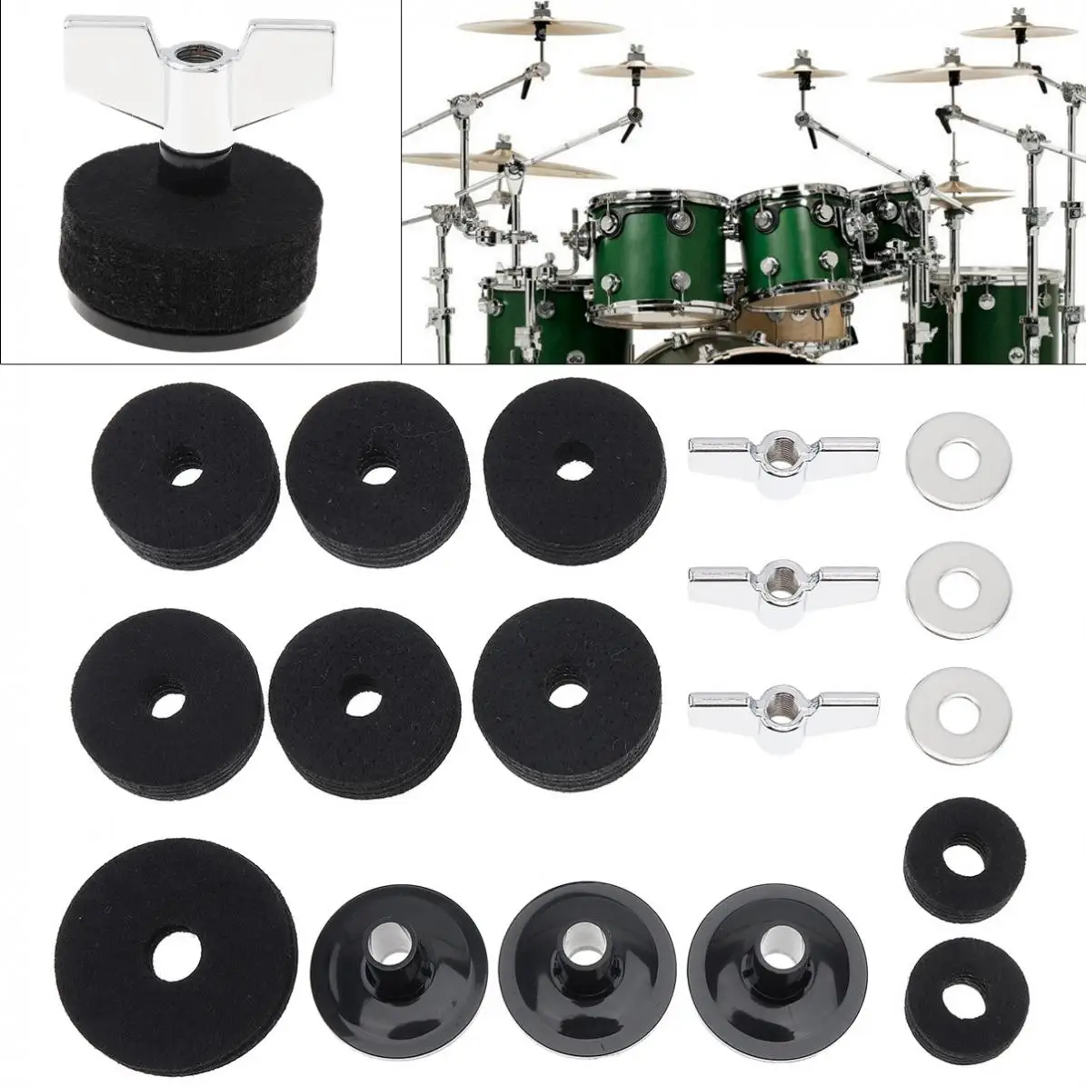 

18pcs Jazz Drum Cymbal Felt Pads Parts Replacement Kits with Cymbal Sleeves & Washers & Wing Nuts & Wool Felt Pads