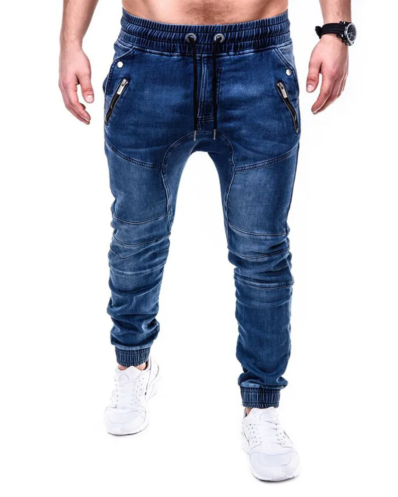 

Men's retro Harajuku large size trousers with elastic blue, tie water washed denim fabric leisure sports leg jeans 2020