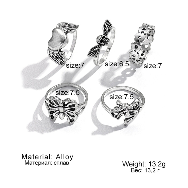 6Pcs Vintage Gothic Butterfly Angle Flower Multi Element Ring Set For Women Men Retro Personality Finger Ring Gifts