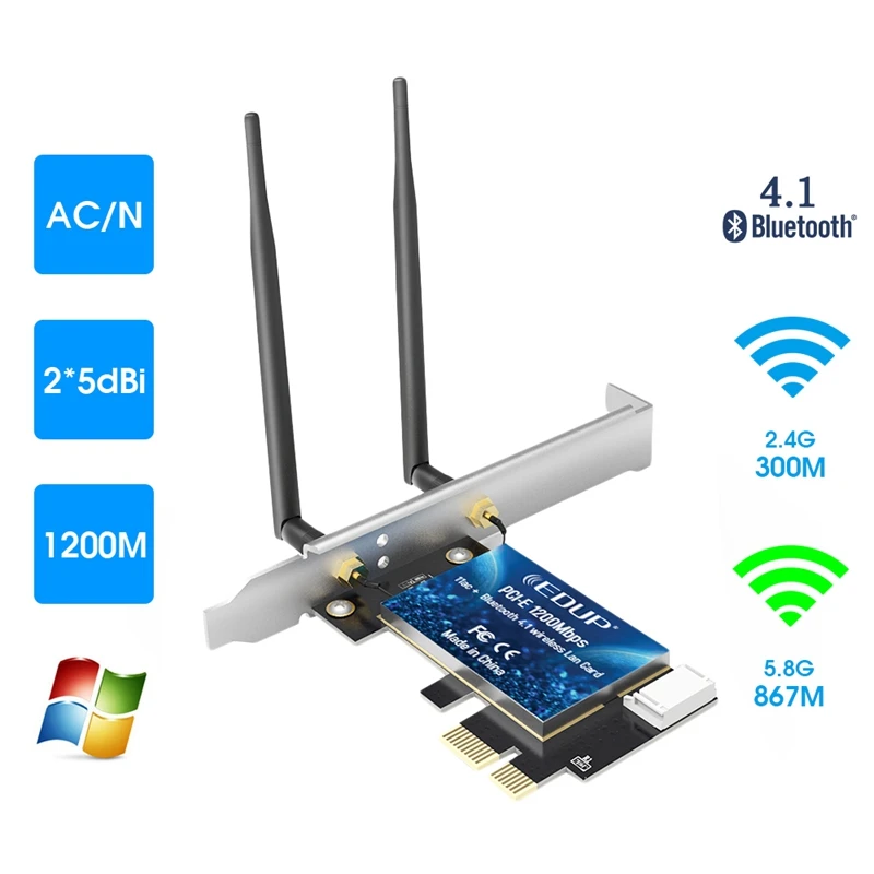 EDUP PCI-E 1200 Мбит/с WiFi карта Bluetooth 4,0 адаптер 2,4 ГГц/5 ГГц Двухдиапазонная беспроводная сетевая карта с антеннами для настольного ПК