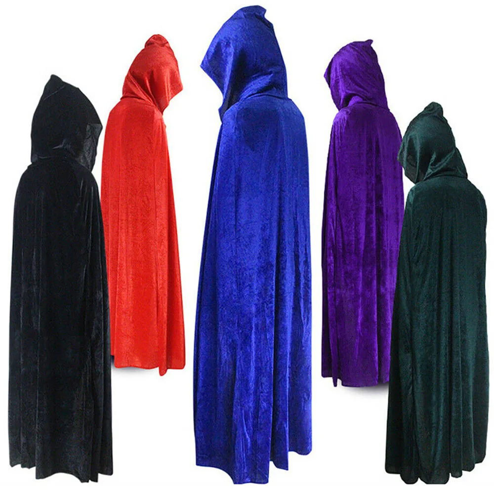 Adult Halloween Velvet Cloak Cape Hooded Medieval Costume Witch Wicca Vampire Halloween Costume Dress Coats 5 Colors