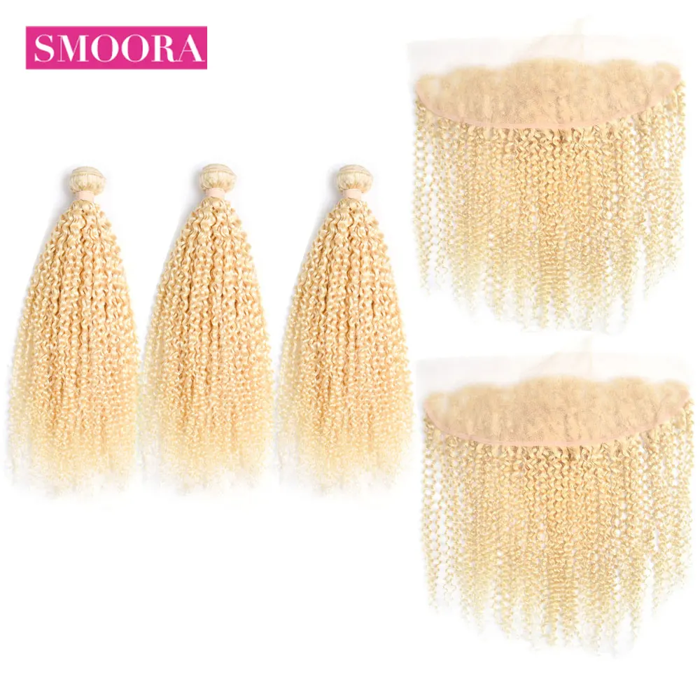

Malaysian Kinky Curly 613 Blonde Bundles With Frontal Closure Ear to Ear 3 Pcs Human Hair Bundles With Lace Frontal Non Remy