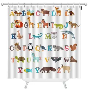 

Zoo Alphabet Shower Curtains Cute Zoo Alphabet with Different Animals in Cartoon Style Decorative Bathroom Waterproof Fabric