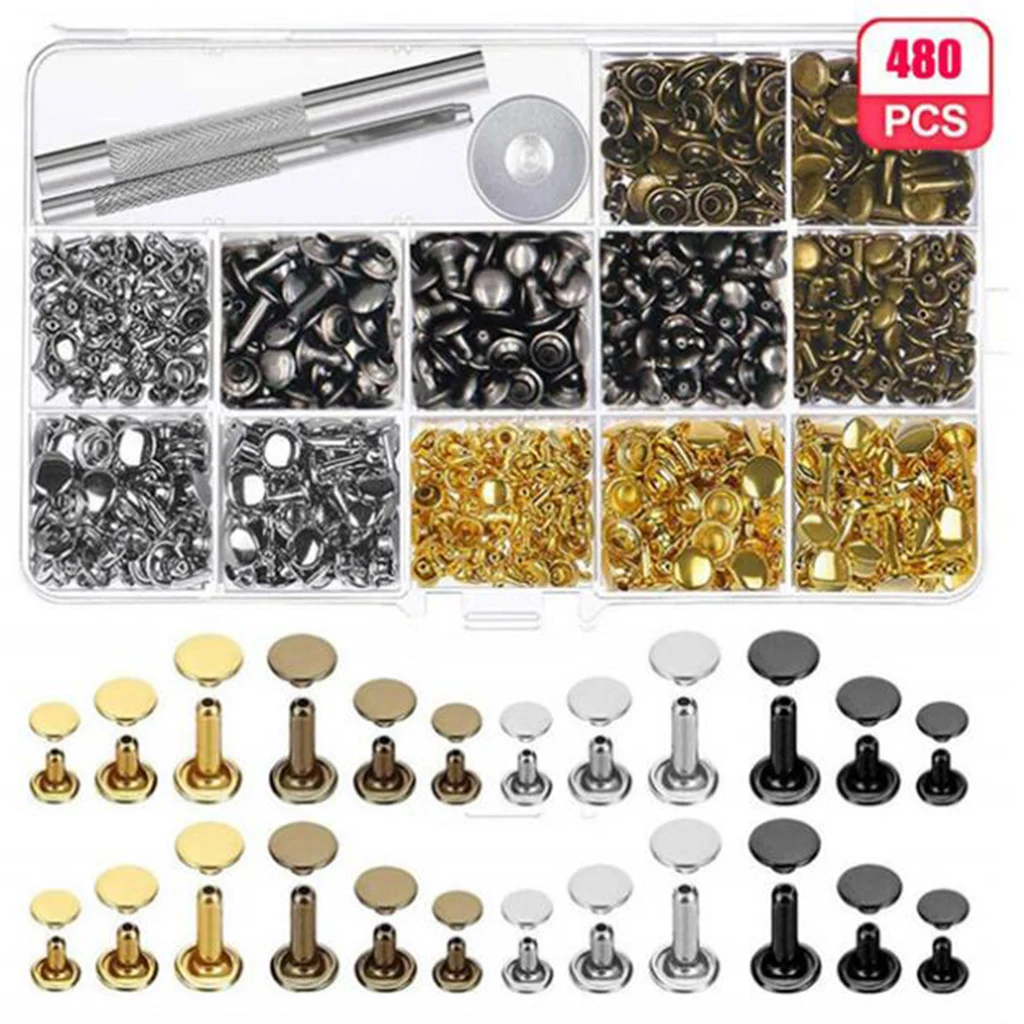 480 Sets Leather Rivets Double Cap Rivet Buttons Tool Kit for DIY in