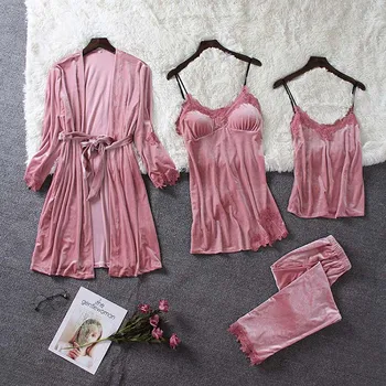 

pajamas for women 4 pcs gold velvet sleepwear sexy robe long sleeve lace pajamas set female loungewear warm home service suit