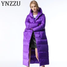 YNZZU роскошный зимний женский пуховик элегантное фиолетовое длинное плотное теплое пальто с капюшоном на утином пуху женская зимняя верхняя одежда A1173
