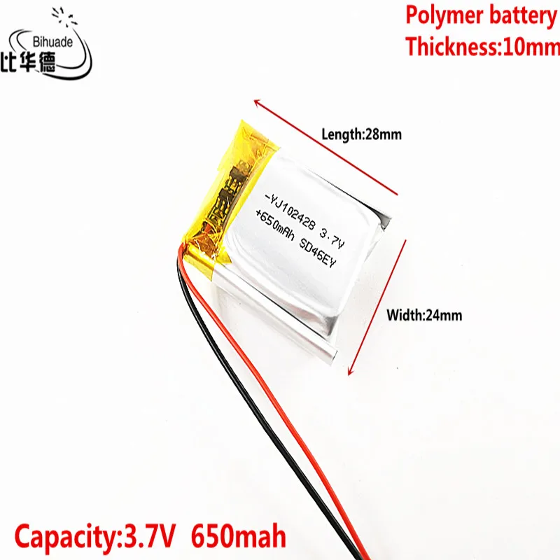 3.7V lithium polymer battery 102428 650mAh MP3 MP4 Bluetooth watch cell lithium battery small stereo bluetooth GPS lithium ion battery