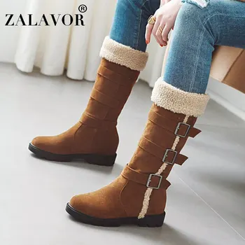 

ZALAVOR New Woman Mid Calf Boots Winter Warm With Fur Flats Shoes Round Toe Buckle Snow Boots Women Footwear Size 33-44