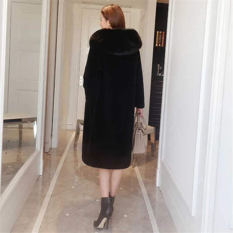 New Autumn Winter Women's Fur Jacket Natural Sheep Shearing Fur Coat Fox Fur Collar Hooded Long Warm Wool Outwear A93
