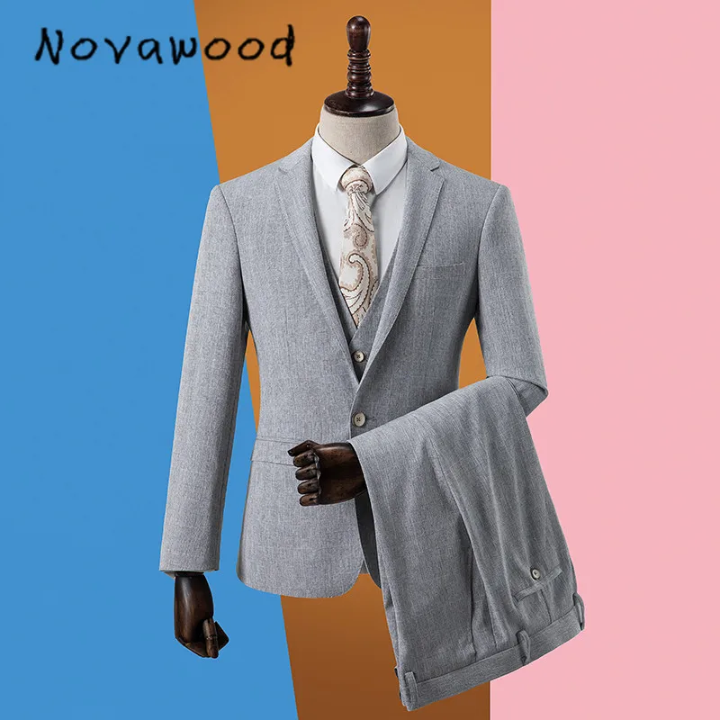 Novawwood серый свадебный смокинг(пиджак+ брюки), высокое качество, на заказ, однобортный мужской смокинг, костюм, настоящие фотографии, приталенный мужской костюм - Цвет: Серый