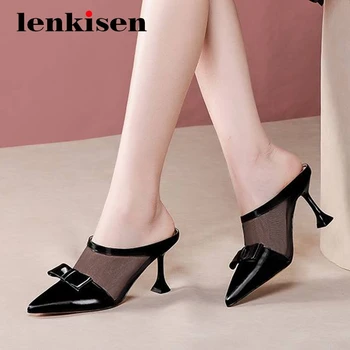 

Lenkisen new french romantic butterfly-knot modern patchwork pointed toe thin high heel slip on mules superstar women pumps L74