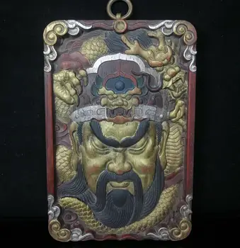 

wedding decoration China wealth auspicious Mahogany Thangka Buddha Plate Hand Carved Guan Gong head Panlong Tag hanging screen