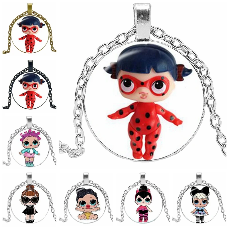 

Cartoon LOL Doll Ladies Necklace Cute Baby Flash Princess Doll Glass Convex Round Necklace Anime Children Gift