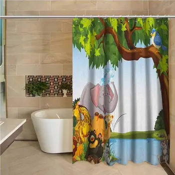 

Kids Hotel Quality Polyester Shower Curtain Various Cartoon Style Animals Together by River Bank Tree Bird Cute Funny Wildlife