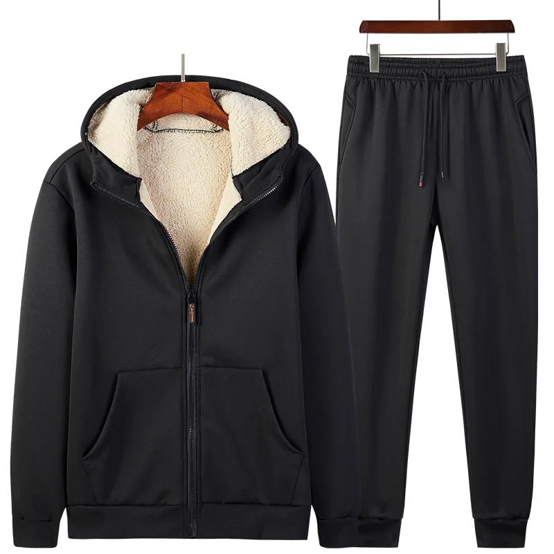 Новинка, зимний плотный флисовый мужской спортивный костюм, теплые спортивные костюмы, комплект спортивной одежды из 2 предметов, куртка+ штаны, спортивный костюм 4XL 5XL - Цвет: Черный