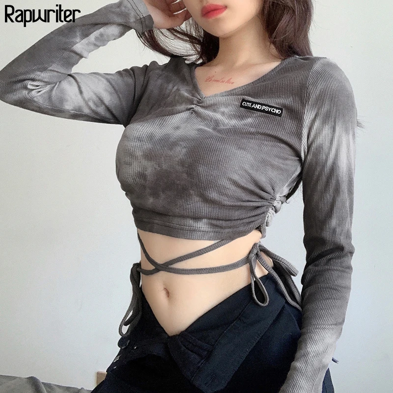 

Tie Dye Ribbed Side Drawstring Women T Shirt Crop Top 2020 Streetwear V Neck Long Sleeve Runched Tee Top feminina Autumn Winter