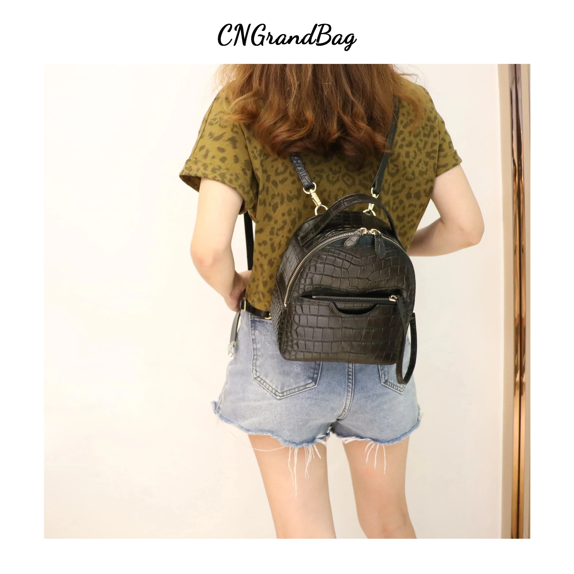 Customized leather small backpack women fashion mini teenager girls travel bag crocodile pattern |