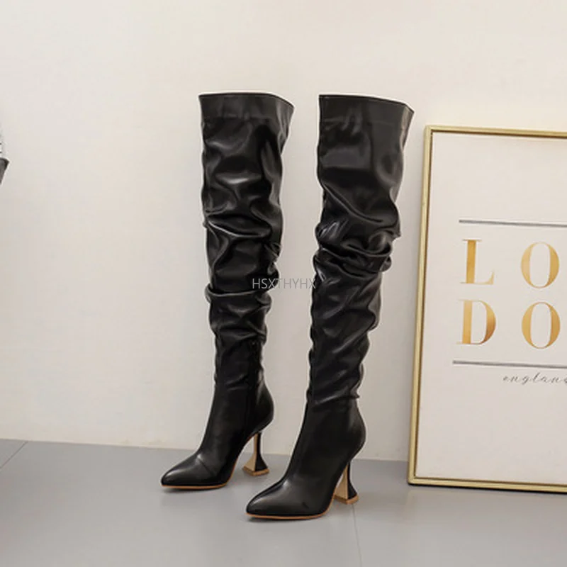 

2022 Design Pleated Leather Over The Knee Boots Fashion Runway Strange High Heels Sexy Pointed Toe Zip Womans Shoes Fur Boots
