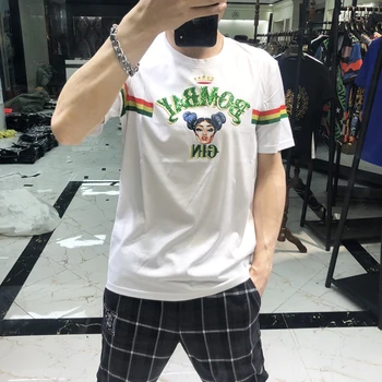 

Men's short sleeve T-shirt fashion creative bead piece embroidered silk girl print trend mercerized cotton summer 2020