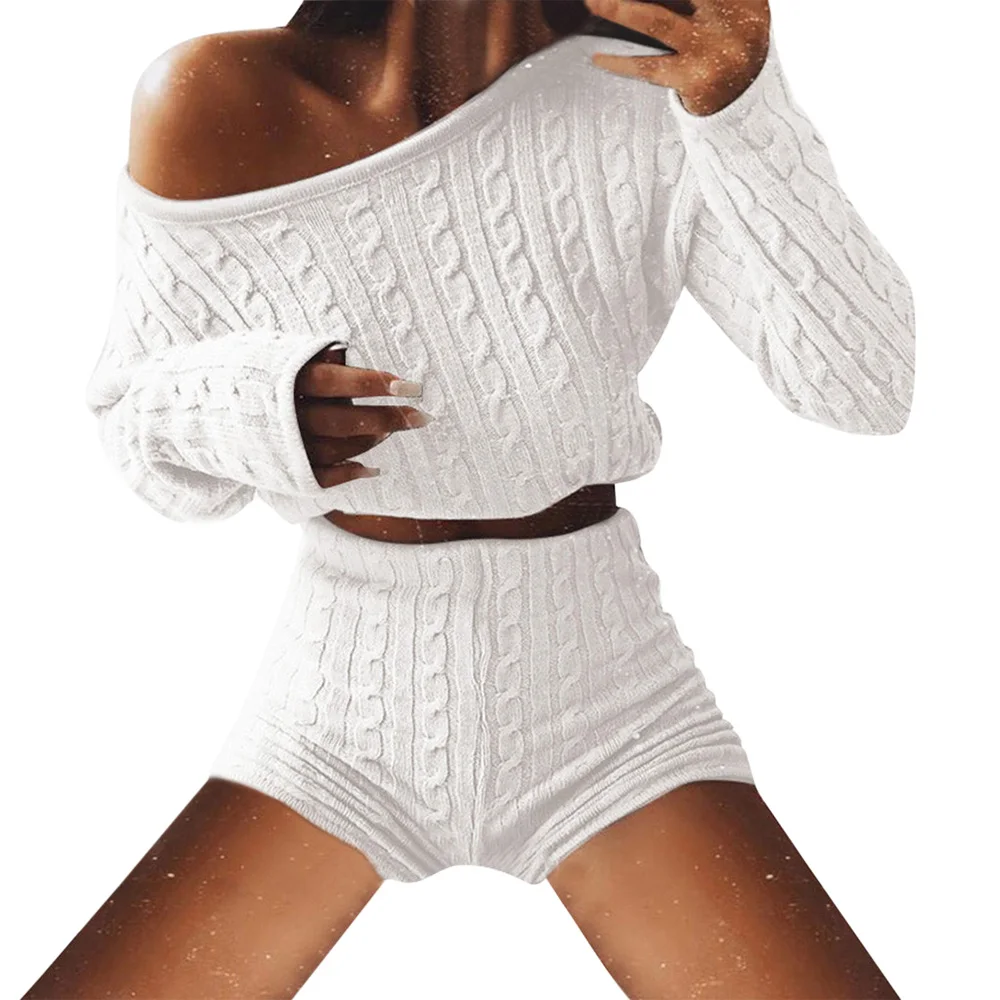 2020 Two Piece Sweater Set Women Knitted Twist Long Sleeve Crop Tops + Bodycon Shorts Sexy Outfit Suit Autumn Streetwear Sets