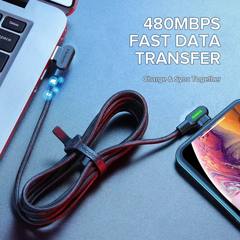 MCDODO 90 градусов Lightning USB кабель для iPhone 11 Pro XS MAX XR X 8 7 6s Plus 5 светодиодный зарядки
