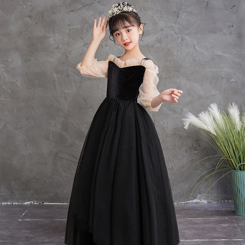 

Black Long Prom Dresses for Teen Girls Velvet Transparent Lace Puff Sleeve Princess Wedding Party Party Show Prom Dresses Simpl