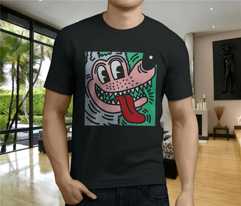 New Popular Art Dog Keith Haring Funny Cartoon Men'S Black T-Shirt S-3Xl Summer O Neck Tops Tee Shirt |