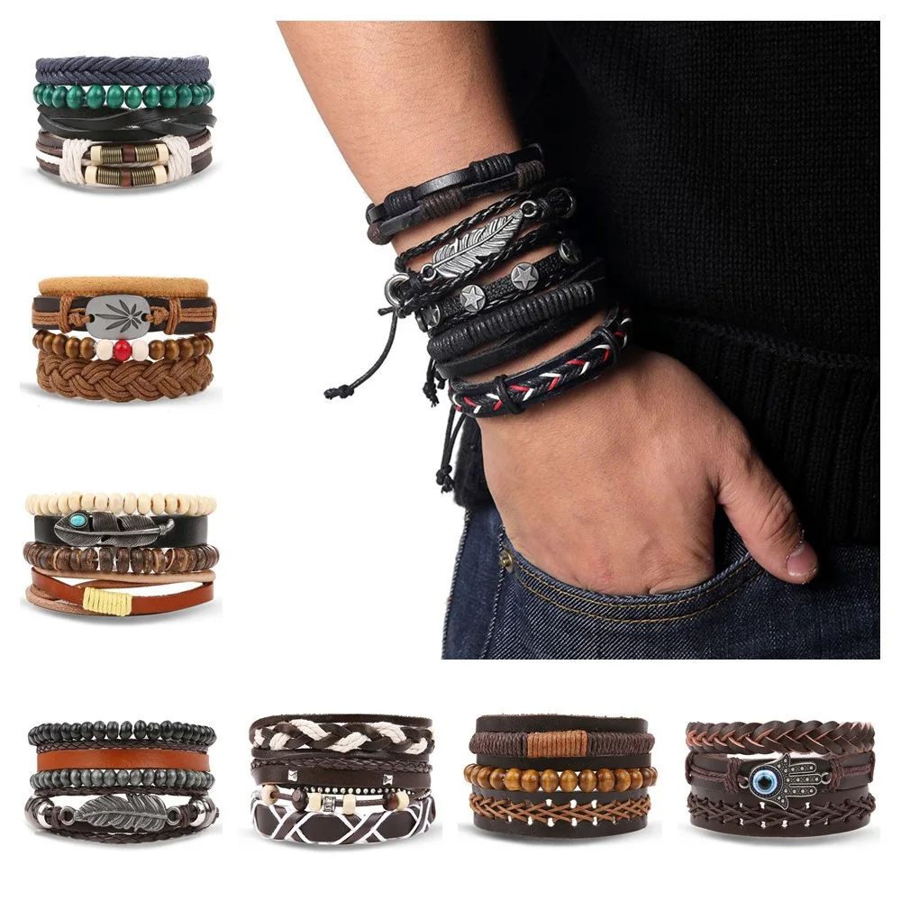 Винтажный кожаный мужской браслет, индивидуальная ручная вязка, многослойные браслеты с перьями и листьями, ювелирные изделия, pulseras mujer moda