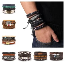 Винтажный кожаный мужской браслет, индивидуальная ручная вязка, многослойные браслеты с перьями и листьями, ювелирные изделия, pulseras mujer moda