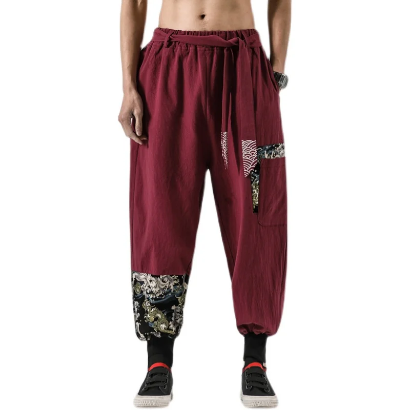 Men Linen Harem Pants Cotton Trousers Print Cross Crotch Vintage Chinese Style