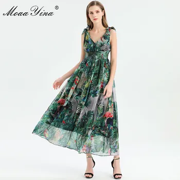 

MoaaYina Fashion Designer dress Spring Summer Women Dress V-neck Rainforest Floral-Print Chiffon Dresses
